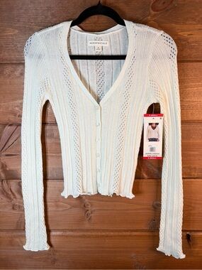 Aeropostale Women's Cream Ribbed Eyelet Button Cropped Cardigan Size XS 💕🌸
